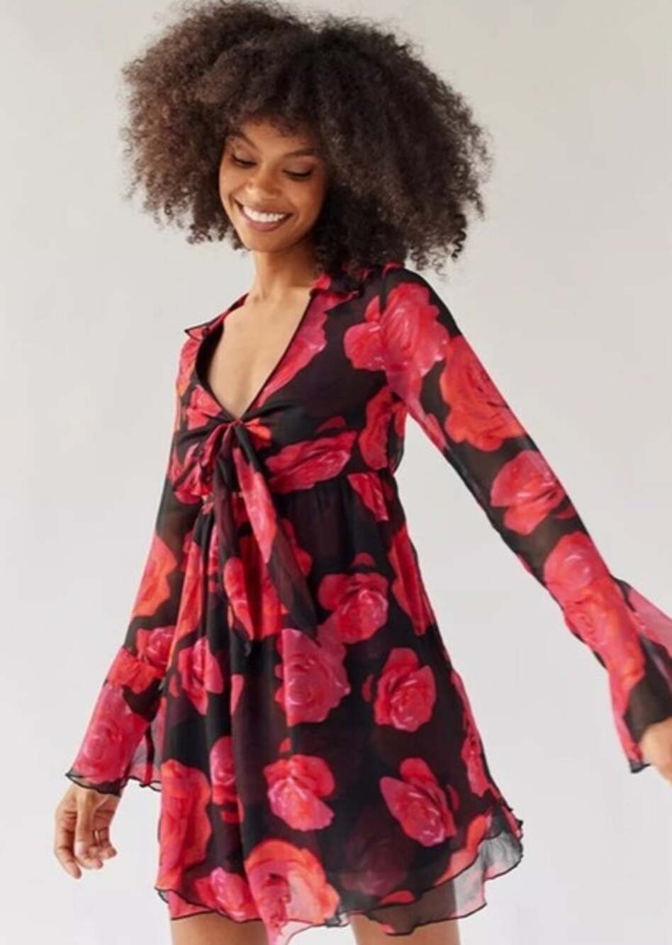 URBAN OUTFITTERS Kiki Tie-Front Mini Dress NWT Red Long Sleeve Women's M